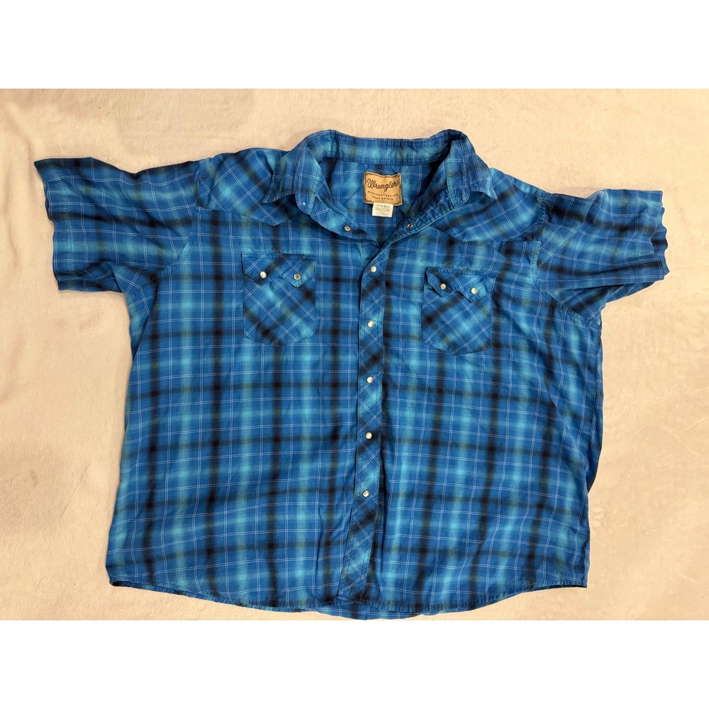 Wrangler Western Fashion Snap‎ Shirt Mens 3XL Blue Plaid Short Sleeve WM133NV